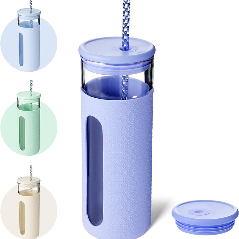 20 oz Glass Water Bottles Reusable Iced Coffee Tumbler Smoothie Cup Glass Cup with Silicone Sleeve Glass Tumbler with Straw and Lid