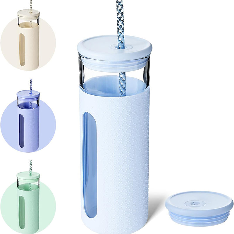 20 oz Glass Water Bottles Reusable Iced Coffee Tumbler Smoothie Cup Glass Cup with Silicone Sleeve Glass Tumbler with Straw and Lid