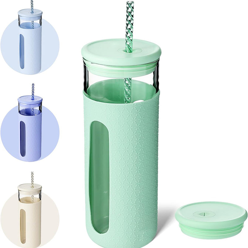20 oz Glass Water Bottles Reusable Iced Coffee Tumbler Smoothie Cup Glass Cup with Silicone Sleeve Glass Tumbler with Straw and Lid