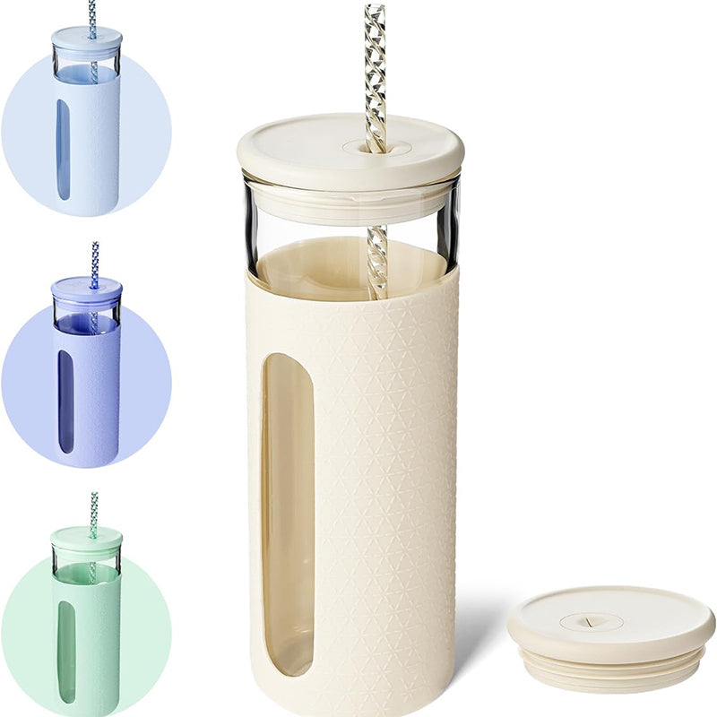 20 oz Glass Water Bottles Reusable Iced Coffee Tumbler Smoothie Cup Glass Cup with Silicone Sleeve Glass Tumbler with Straw and Lid