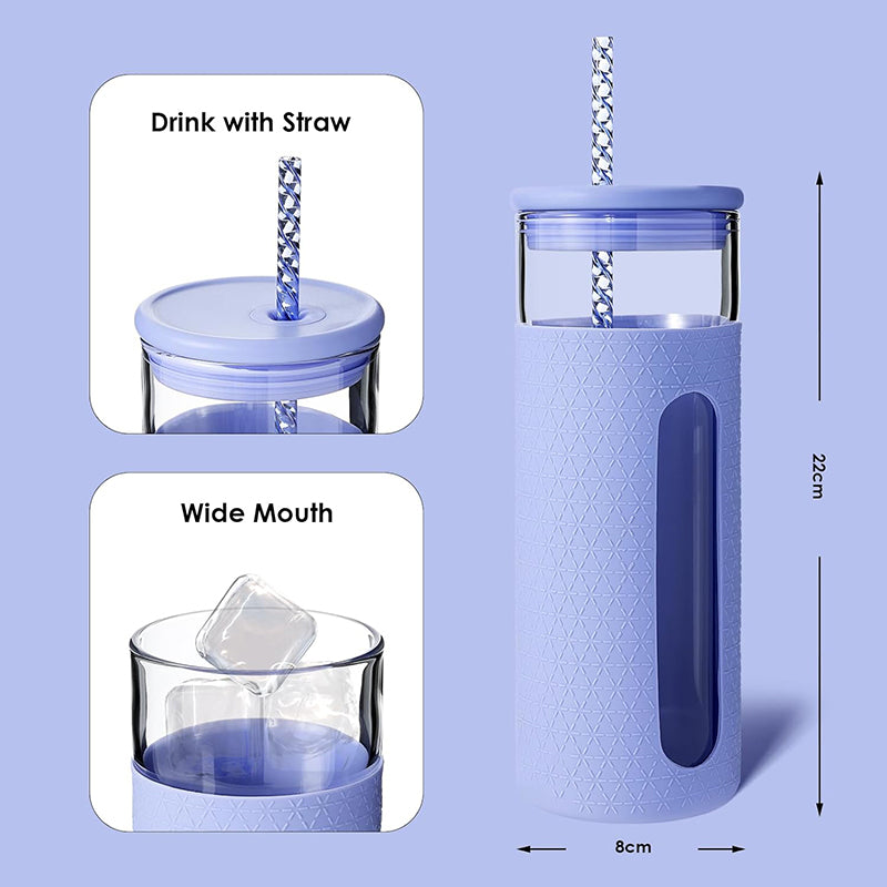 20 oz Glass Water Bottles Reusable Iced Coffee Tumbler Smoothie Cup Glass Cup with Silicone Sleeve Glass Tumbler with Straw and Lid