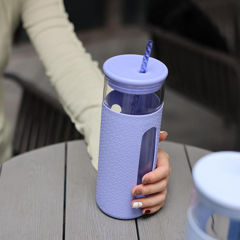 20 oz Glass Water Bottles Reusable Iced Coffee Tumbler Smoothie Cup Glass Cup with Silicone Sleeve Glass Tumbler with Straw and Lid