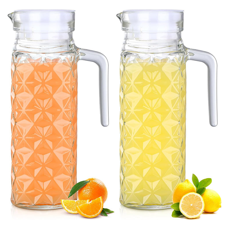 1.1L 2 Pcs Glass Pitcher with Lid Fridge Pitcher with Handle Glass Water Pitcher Juice Containers Milk Jug