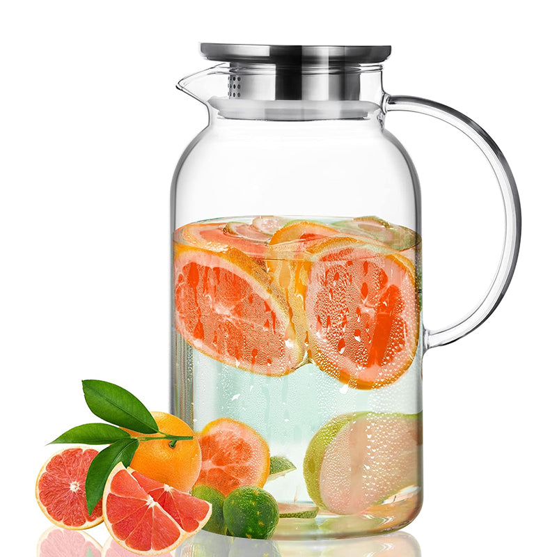 61oz 1.8L Glass Pitcher with Lid Hot & Cold Glass Water Pitcher with Handle, Iced Tea Pitcher Carafe for Coffee, Juice