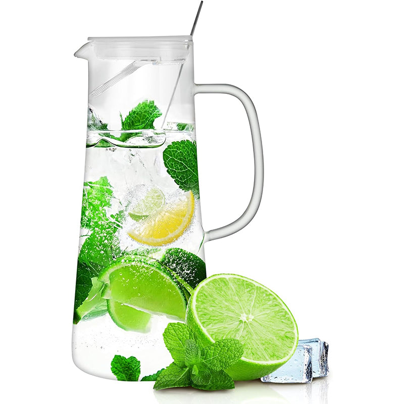 Glass Pitcher 51oz 1500ml Water Pitcher with Lid and Long Handle Spoon, Cold/Heat Resistant Borosilicate Glass Water Carafe