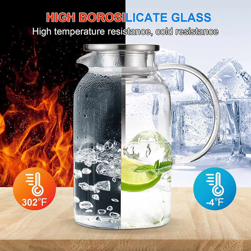 61oz 1.8L Glass Pitcher with Lid Hot & Cold Glass Water Pitcher with Handle, Iced Tea Pitcher Carafe for Coffee, Juice