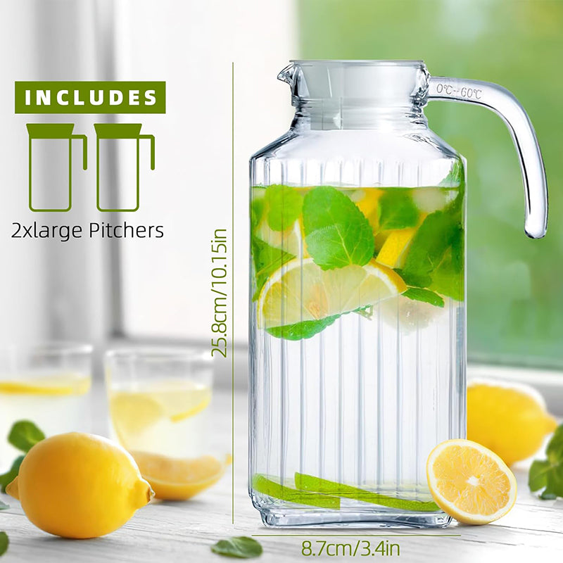 63oz 1800ml Glass Pitcher with Lid 2pcs Glass Fridge Pitcher with Handle Large Capacity Beverage Container Pitcher with Spout