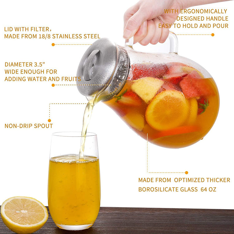 64 Ounces Water Pitcher with Handle Beverage Carafe Pitcher for Juice, Milk, Beverage, Hot/Cold Water & Iced Tea