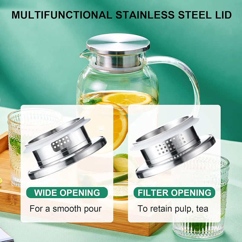 61oz 1.8L Glass Pitcher with Lid Hot & Cold Glass Water Pitcher with Handle, Iced Tea Pitcher Carafe for Coffee, Juice