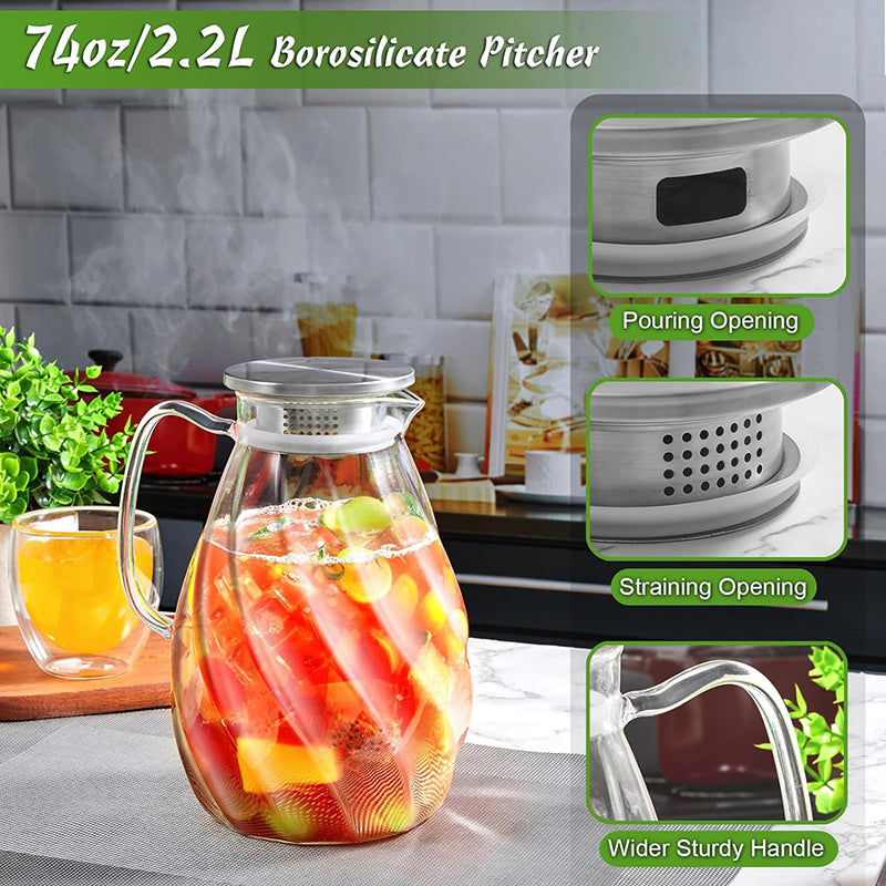 2.2L Water Pitcher with Lid & Handle Glass Pitcher Glass Jug Large Pitchers for Drinks Drink Dispensers