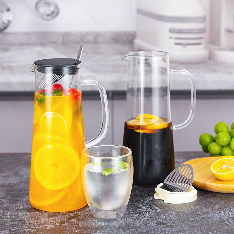 Glass Pitcher 51oz 1500ml Water Pitcher with Lid and Long Handle Spoon, Cold/Heat Resistant Borosilicate Glass Water Carafe