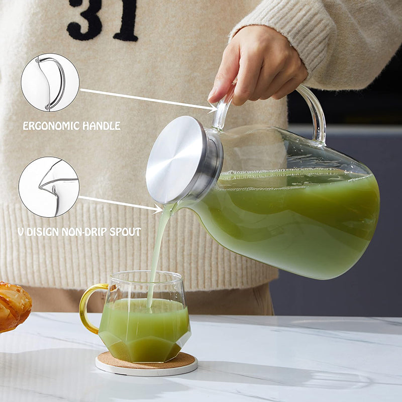 2L Glass Pitcher with Lid Heat Resistant Clear Water Jug for Hot/Cold Water, Ice tea and Juice Beverage