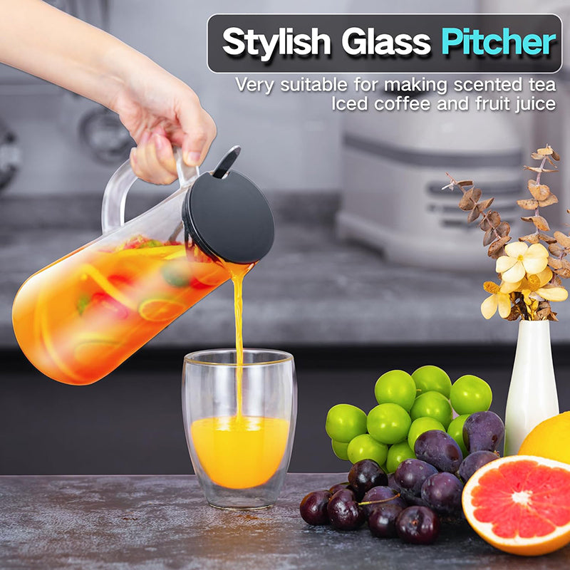 Glass Pitcher 51oz 1500ml Water Pitcher with Lid and Long Handle Spoon, Cold/Heat Resistant Borosilicate Glass Water Carafe