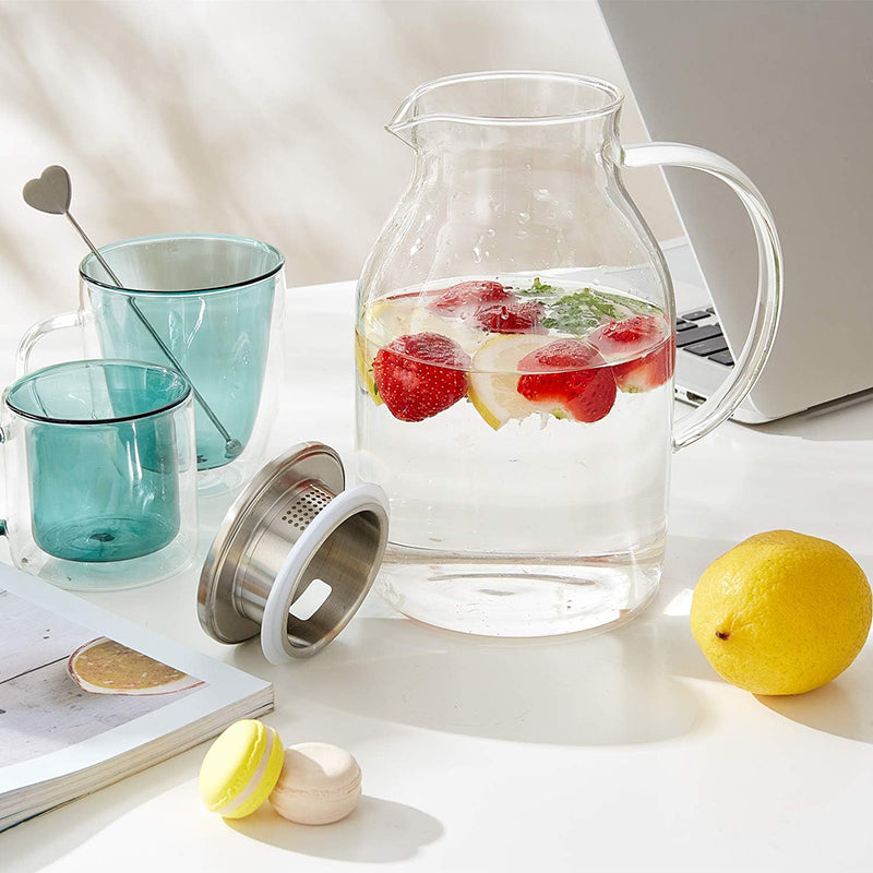2L Glass Pitcher with Lid Heat Resistant Clear Water Jug for Hot/Cold Water, Ice tea and Juice Beverage