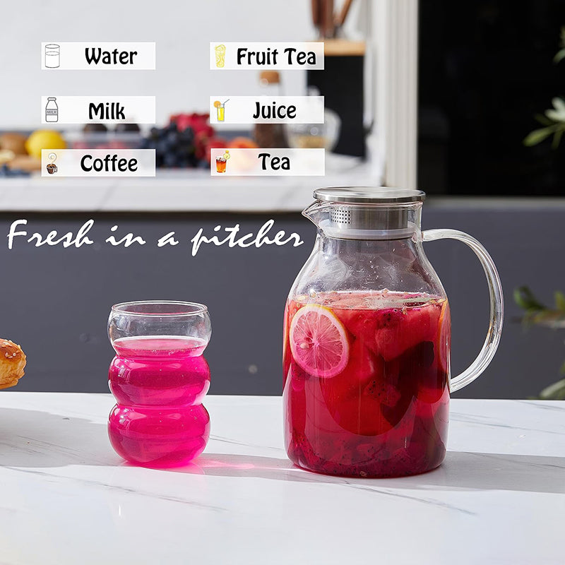 2L Glass Pitcher with Lid Heat Resistant Clear Water Jug for Hot/Cold Water, Ice tea and Juice Beverage