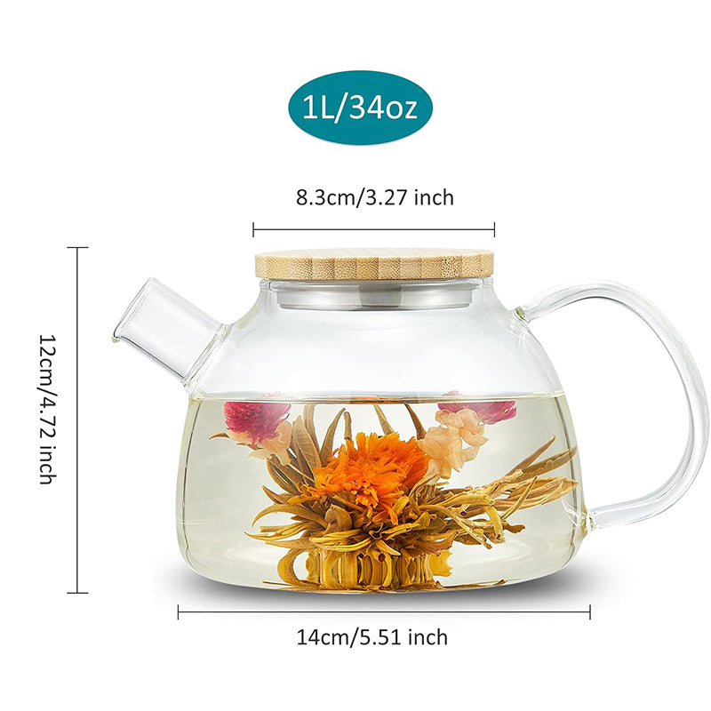 1000ml Glass Teapot Glass Tea Kettle with Removable Clear Filter,Stovetop Ideal Tea Set for Blooming Flower Tea