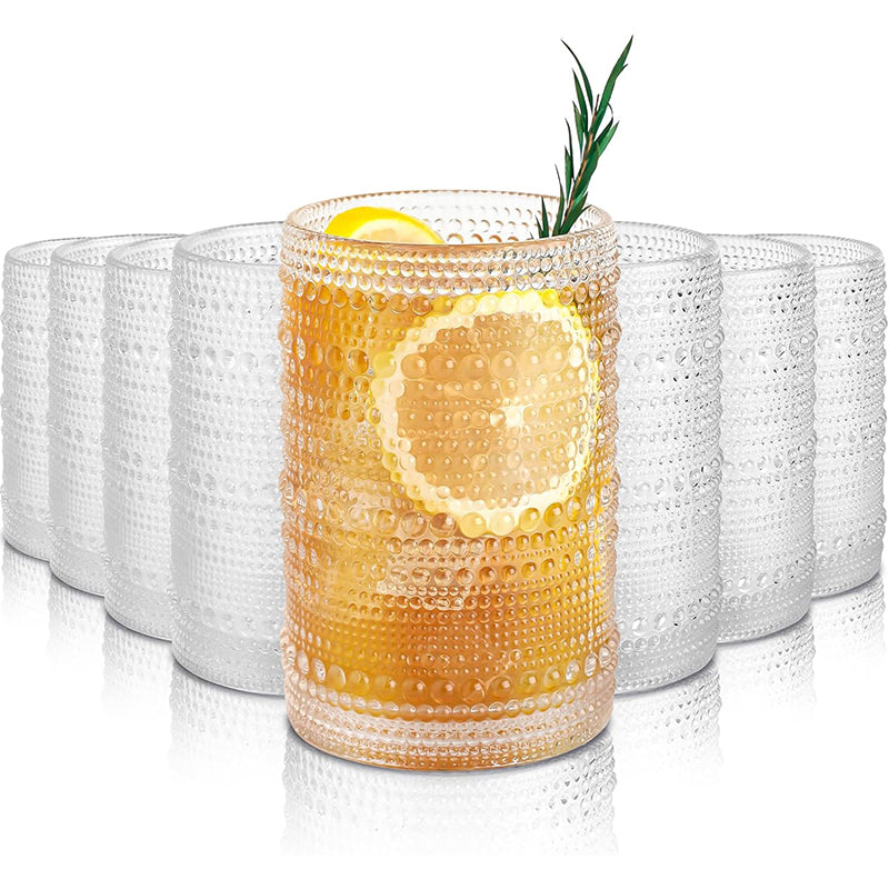 15Oz Drinking Glasses Set of 8, Vintage Glassware Sets for Kitchen and Bar Beaded Glass Cups, Clear Bubble Glassware Sets
