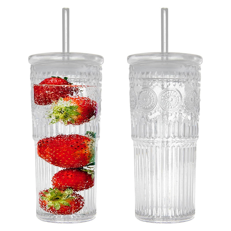 All Glass Iced Coffee Cup With Lids and Straws 24 OZ High Borosilicate Glass Tumbler for Water Smoothie Juice Drinks