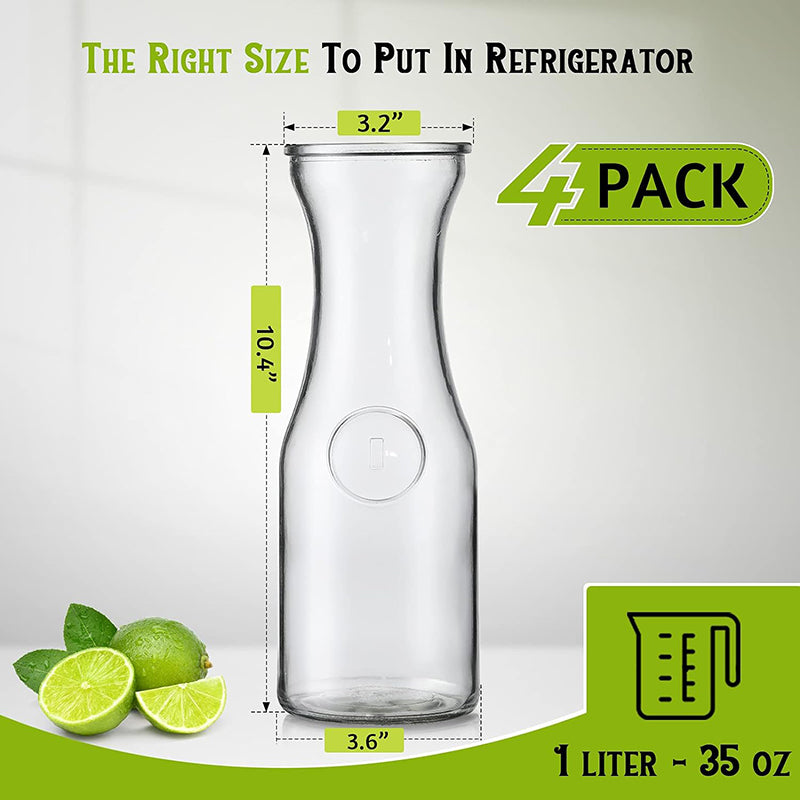 Set of 4 Glass Carafe with Lid, 1 Liter Beverage Serveware Carafe Clear Glass Pitcher for Cold Water, Juice, Milk, Iced Tea, Lemonade
