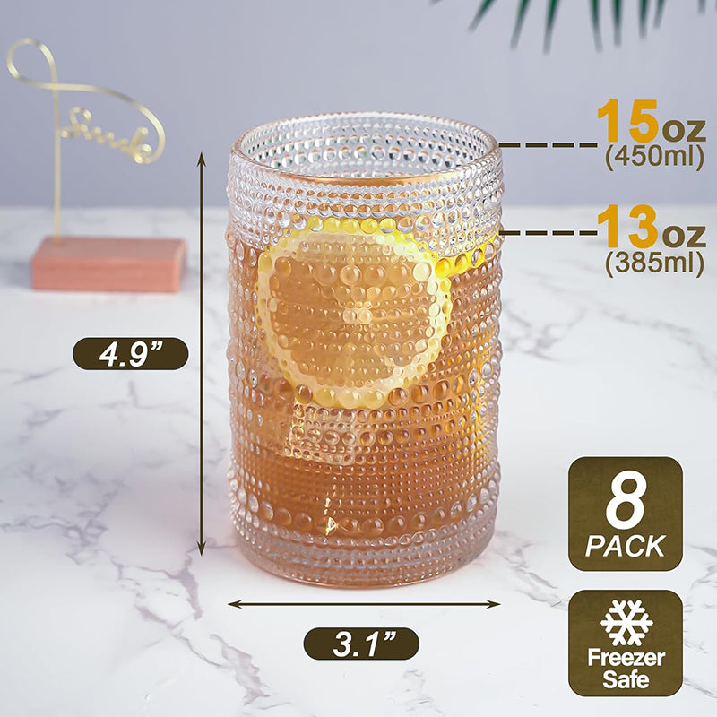 15Oz Drinking Glasses Set of 8, Vintage Glassware Sets for Kitchen and Bar Beaded Glass Cups, Clear Bubble Glassware Sets