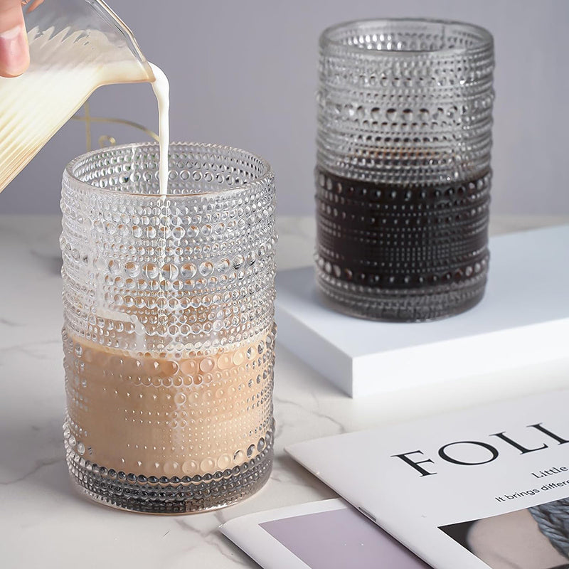 15Oz Drinking Glasses Set of 8, Vintage Glassware Sets for Kitchen and Bar Beaded Glass Cups, Clear Bubble Glassware Sets