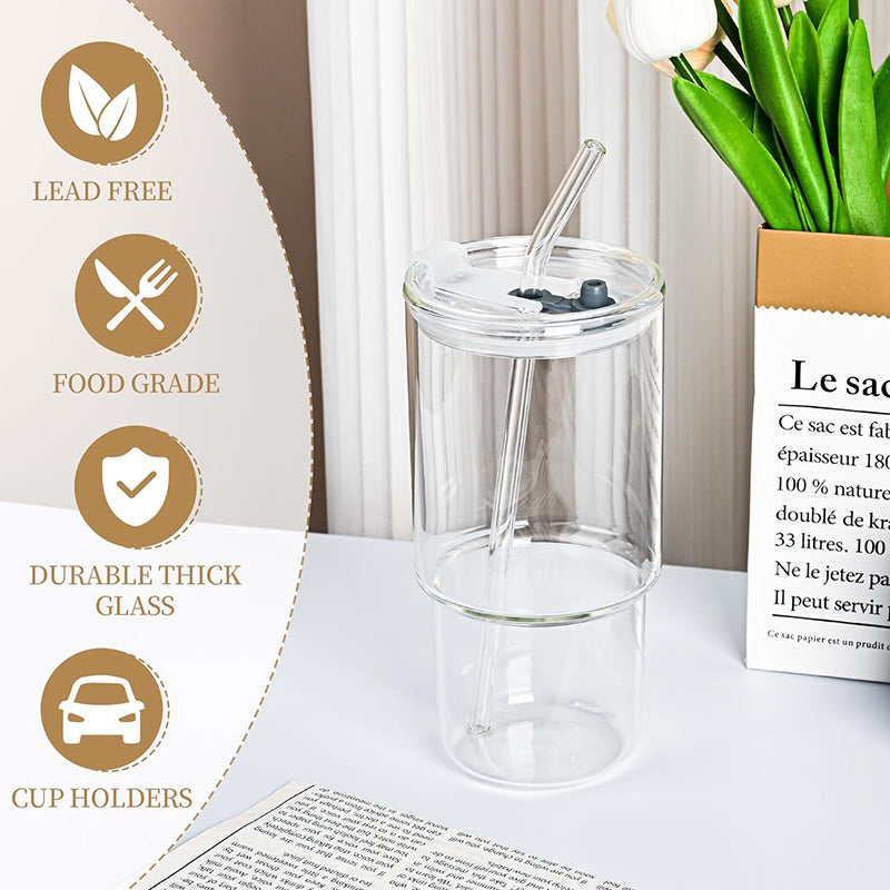 25 OZ Iced Coffee Cup With Glass Lids and Straws Wide Mouth Smoothie Cups Glass Tumbler