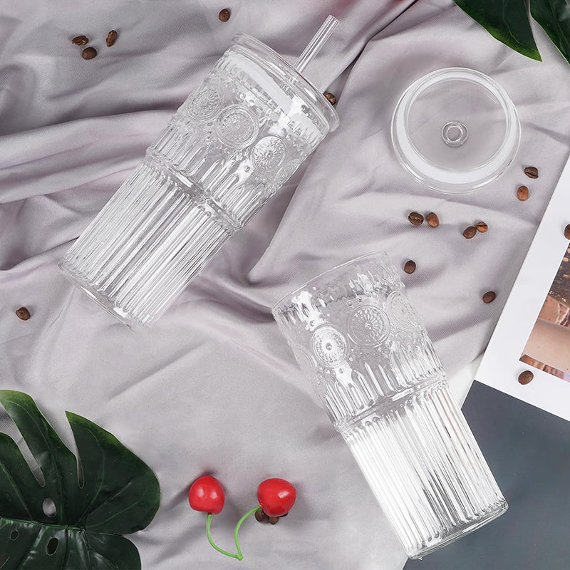 All Glass Iced Coffee Cup With Lids and Straws 24 OZ High Borosilicate Glass Tumbler for Water Smoothie Juice Drinks
