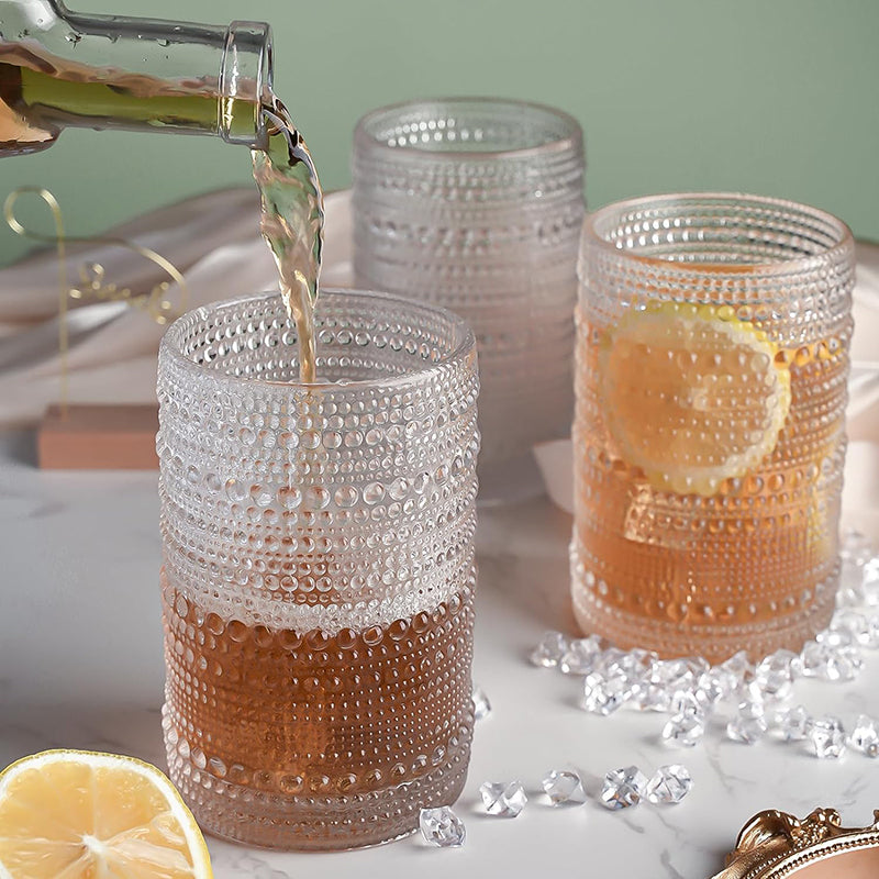 15Oz Drinking Glasses Set of 8, Vintage Glassware Sets for Kitchen and Bar Beaded Glass Cups, Clear Bubble Glassware Sets