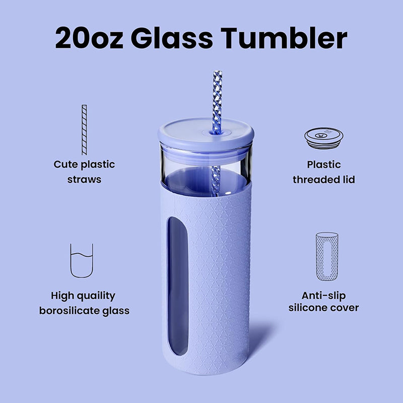 20 oz Glass Water Bottles Reusable Iced Coffee Tumbler Smoothie Cup Glass Cup with Silicone Sleeve Glass Tumbler with Straw and Lid