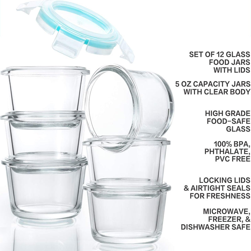 12-Pack, 5oz Mini Glass Food Storage Containers, Small Glass Jars With Locking Lids, Food Containers, Airtight, Freezer, Microwave, Oven & Dishwasher Friendly