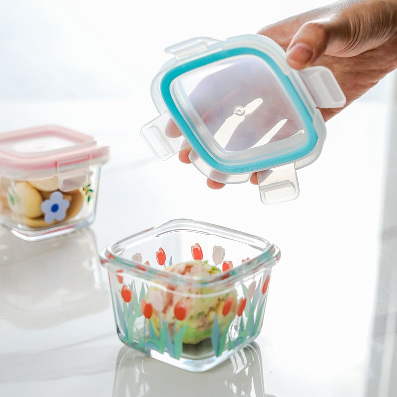 2 Pack 4 Oz Mini Square Glass Food Storage Containers With Lids,Floral Food Jars Small Glass Container For Food Portion, Sauce,Snack,Yogurt,Freezer Microwave Safe