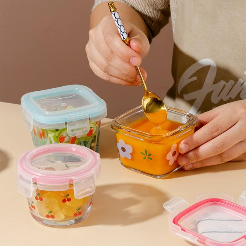 2 Pack 4 Oz Mini Square Glass Food Storage Containers With Lids,Floral Food Jars Small Glass Container For Food Portion, Sauce,Snack,Yogurt,Freezer Microwave Safe