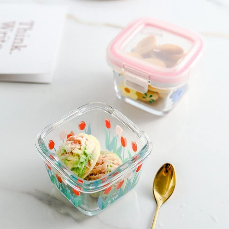 2 Pack 4 Oz Mini Square Glass Food Storage Containers With Lids,Floral Food Jars Small Glass Container For Food Portion, Sauce,Snack,Yogurt,Freezer Microwave Safe