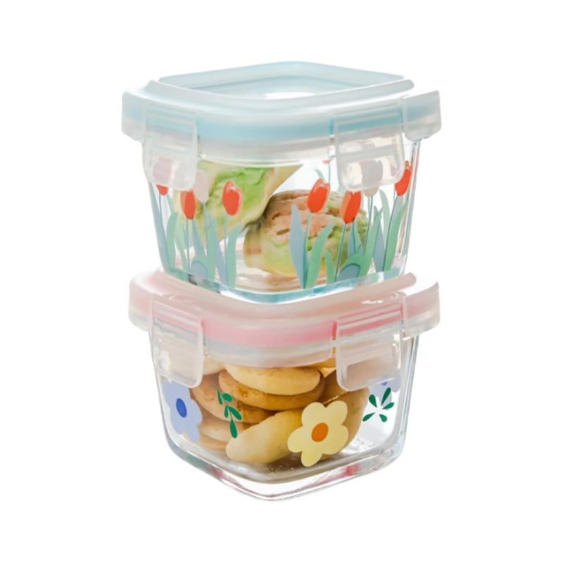 2 Pack 4 Oz Mini Square Glass Food Storage Containers With Lids,Floral Food Jars Small Glass Container For Food Portion, Sauce,Snack,Yogurt,Freezer Microwave Safe