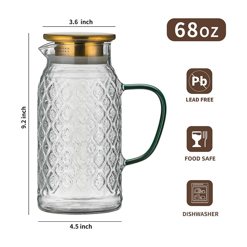 Heat Resistant Water Glass Jug Glass Pitcher with Lid, 2 PACK 2L Liter Vintage Water Pitcher for Cold Brew, Coffee, Lemonade, Iced Tea,Beverage