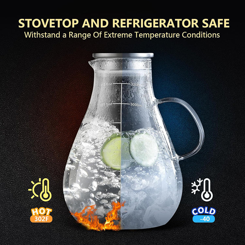 3200ml Morderned Glass Water Pitcher With Precise Scale Line Large Glass Iced Tea Pitcher For Cold Hot Drink