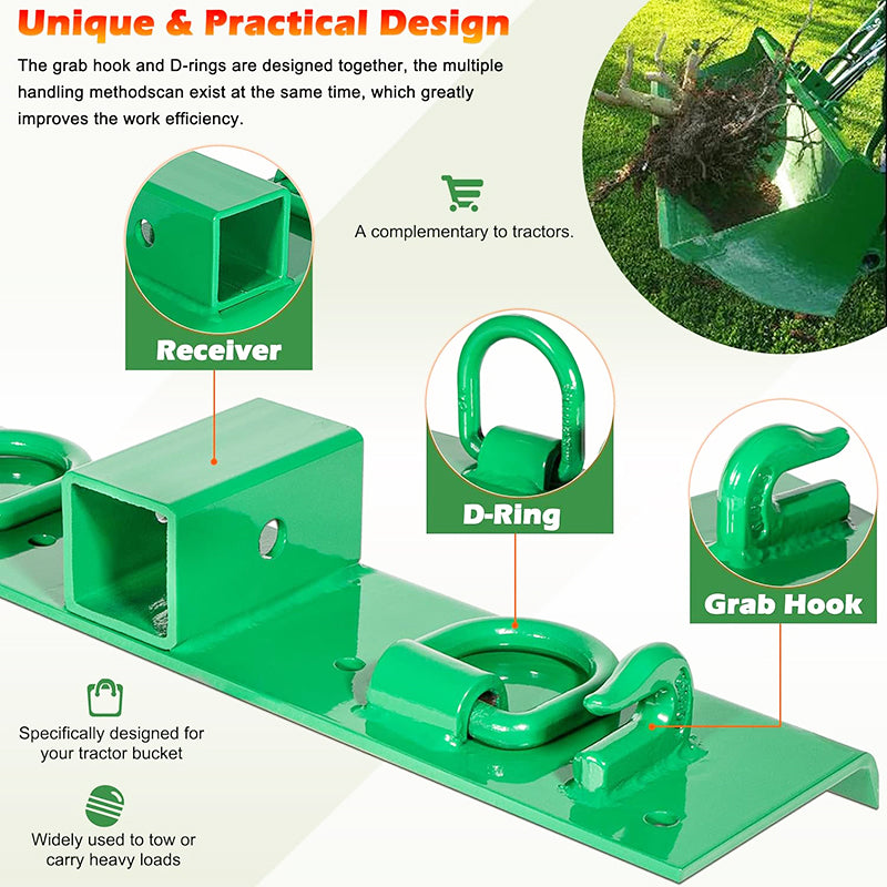 Tractor Grab Hooks 4.96" W × 21.93" L Fits Bolted on Compact Tractor Bucket Grab Hooks D Rings & 2" Receiver