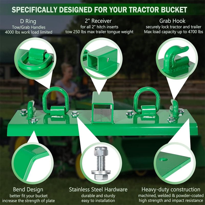 Grab Hooks 5" x 21.85" Heavy Duty Bolt on Compact Grab Hooks 2" Receiver for Tractor Bucket RV UTV Truck Hardware Includ