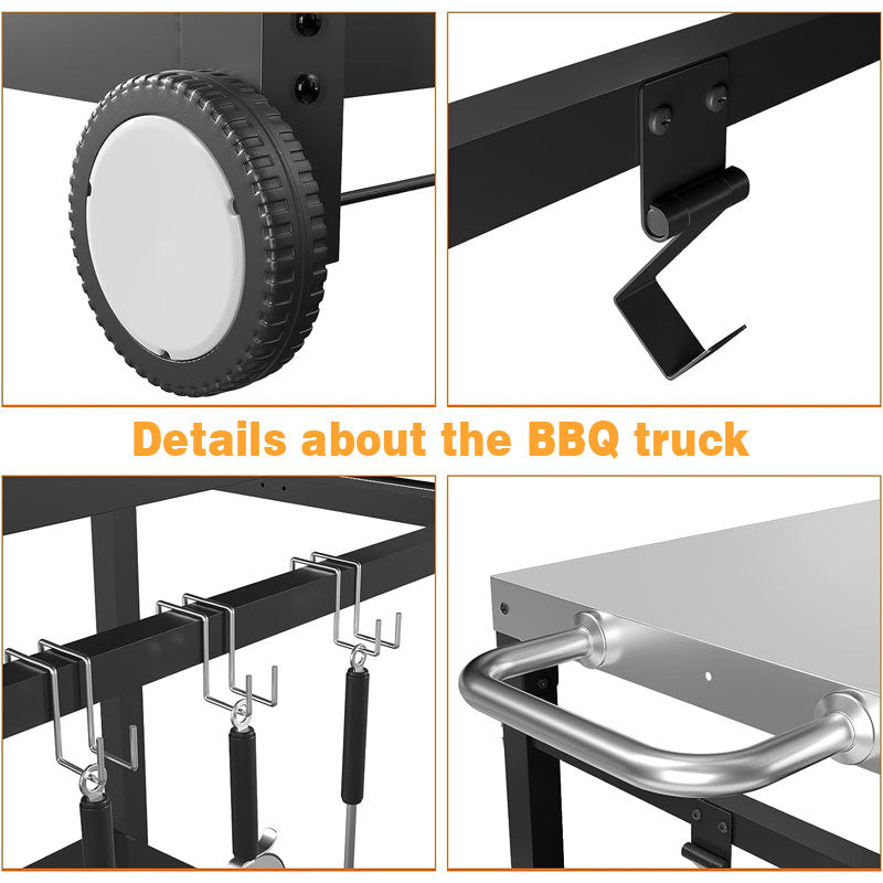 Grill Cart, Movable Cooking Cart With 3 Hooks And Side Handles