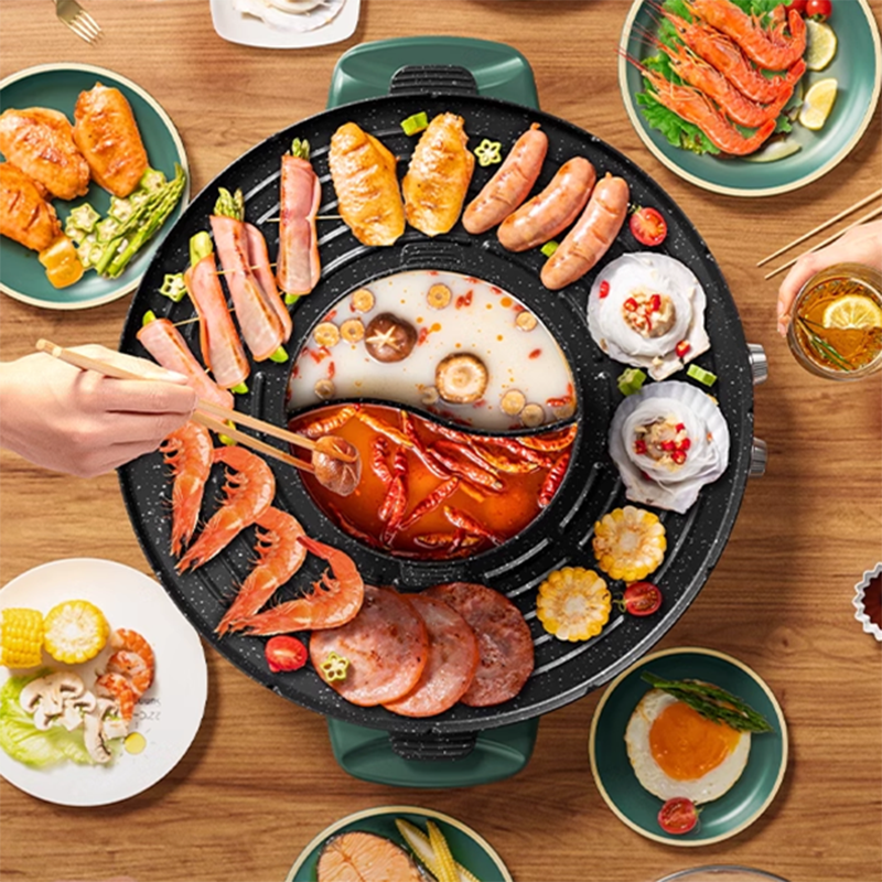1800W Electric Hot Pot Grill Multifunctional Hot Pot Electric Grill Integrated Pot Household Less Smoke Korean Grill Pan Shabu-Shabu Grill Dual-Purpose Grilled Fish Grill Machine