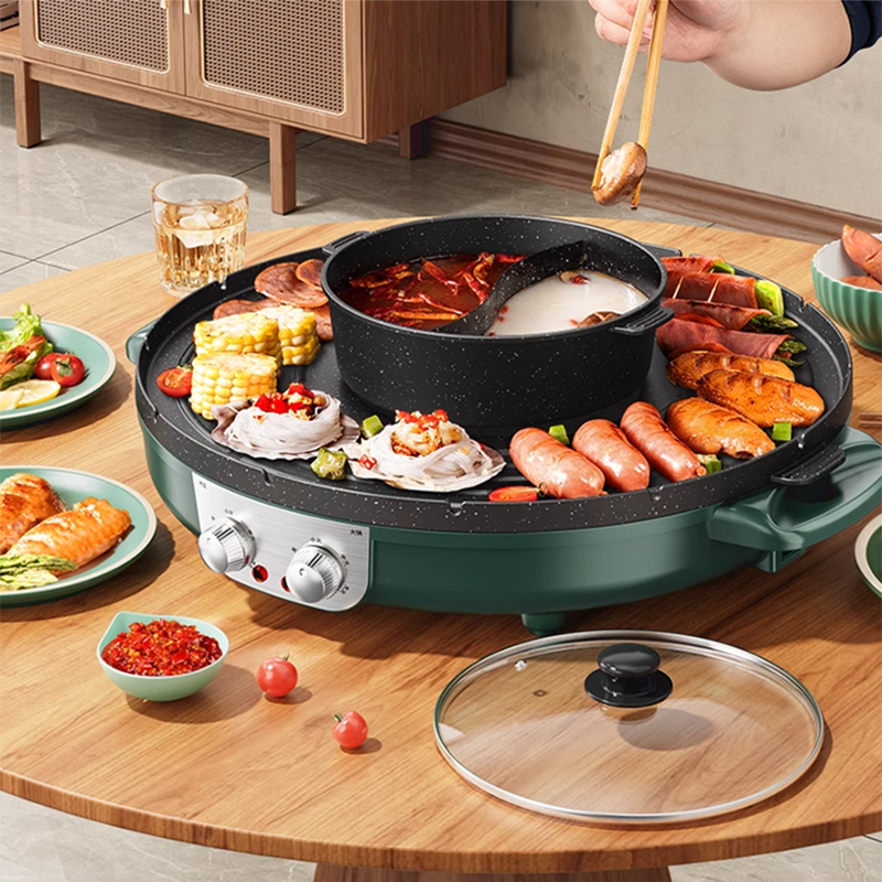 1800W Electric Hot Pot Grill Multifunctional Hot Pot Electric Grill Integrated Pot Household Less Smoke Korean Grill Pan Shabu-Shabu Grill Dual-Purpose Grilled Fish Grill Machine