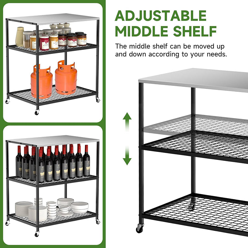 Food Prep Cart Table Outdoor Grill Cart Three-Shelf Grill Table with Wheels Stainless Steel Movable Pizza Oven Stand Trolley