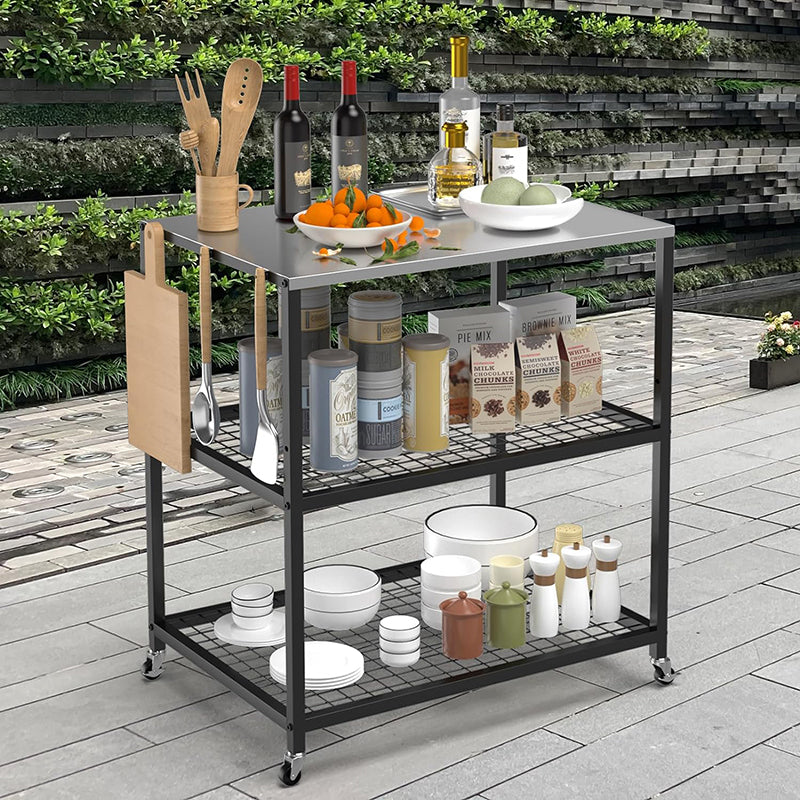 Food Prep Cart Table Outdoor Grill Cart Three-Shelf Grill Table with Wheels Stainless Steel Movable Pizza Oven Stand Trolley