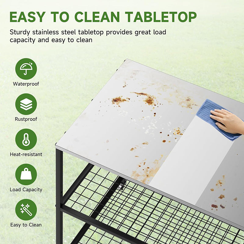 Food Prep Cart Table Outdoor Grill Cart Three-Shelf Grill Table with Wheels Stainless Steel Movable Pizza Oven Stand Trolley