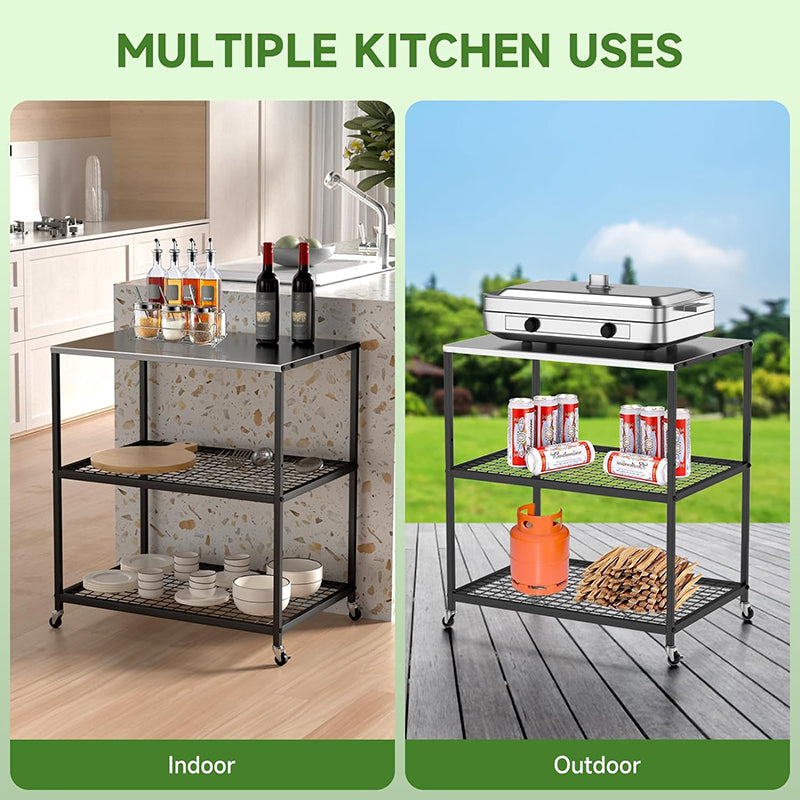 Food Prep Cart Table Outdoor Grill Cart Three-Shelf Grill Table with Wheels Stainless Steel Movable Pizza Oven Stand Trolley