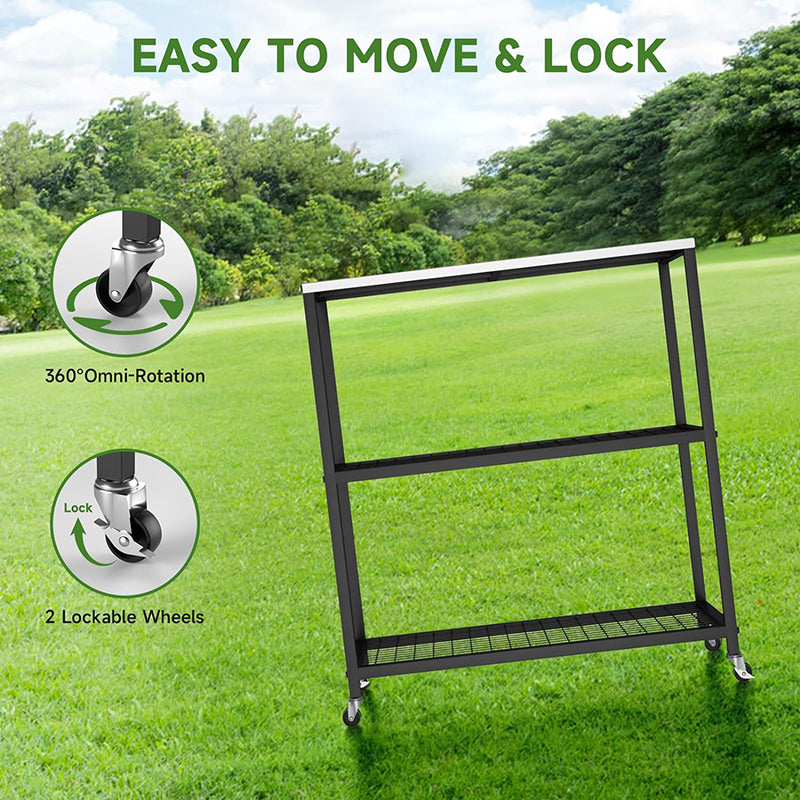 Food Prep Cart Table Outdoor Grill Cart Three-Shelf Grill Table with Wheels Stainless Steel Movable Pizza Oven Stand Trolley