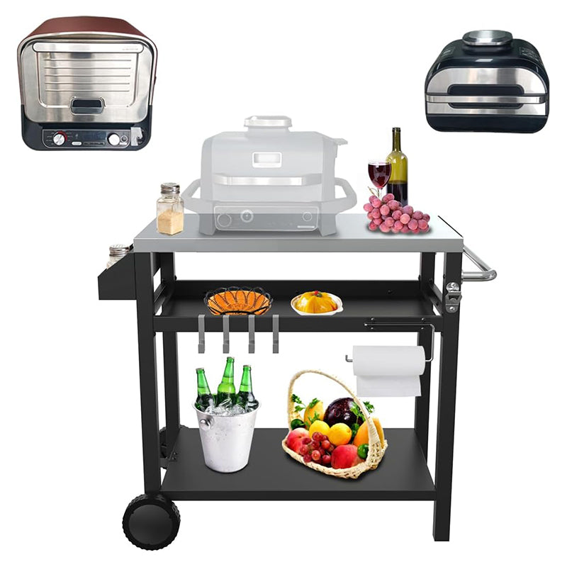 3-Shelves Outdoor Patio Kitchen Cooking Camping Grill Carts With Wheels Hooks Condiment Box Towel Holder Stainless Steel Tabletop