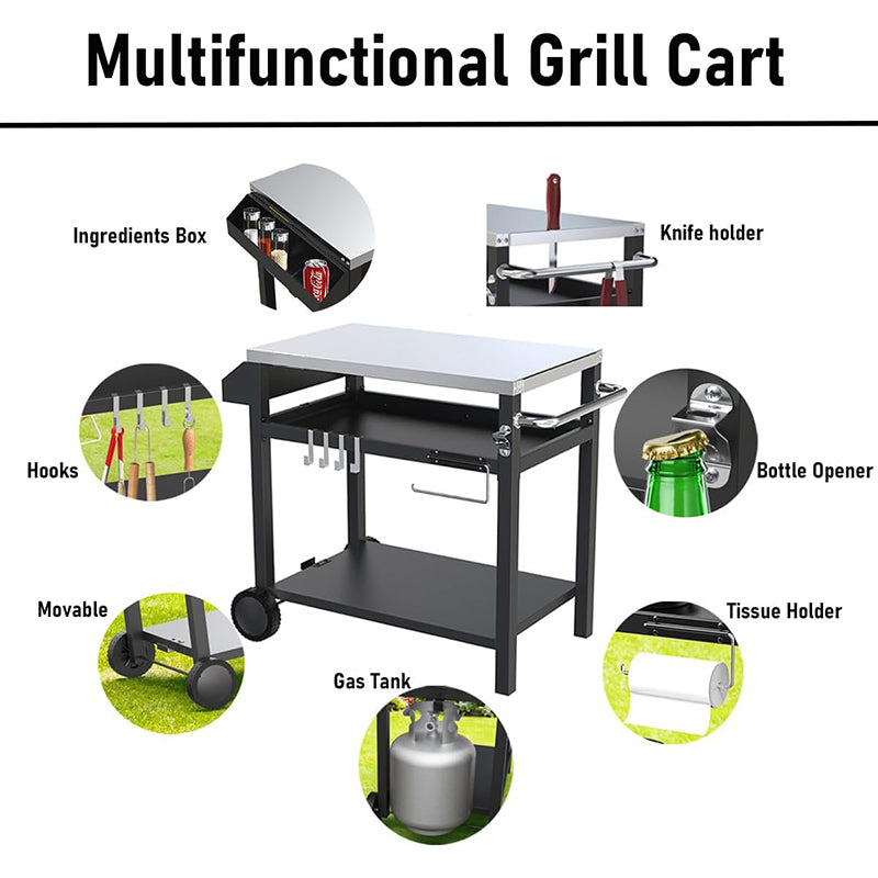 3-Shelves Outdoor Patio Kitchen Cooking Camping Grill Carts With Wheels Hooks Condiment Box Towel Holder Stainless Steel Tabletop