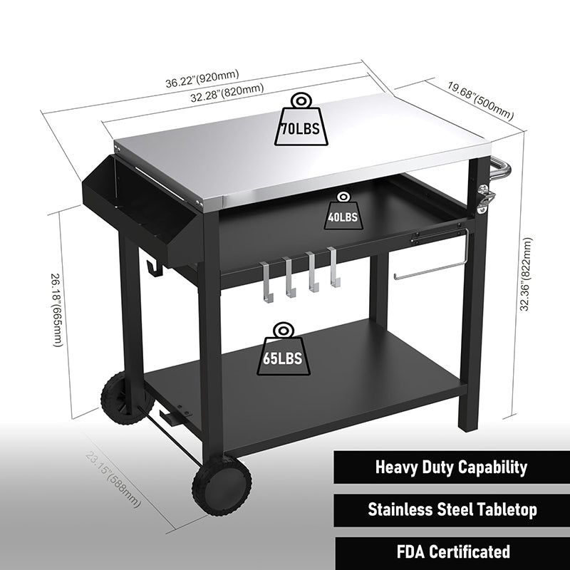 3-Shelves Outdoor Patio Kitchen Cooking Camping Grill Carts With Wheels Hooks Condiment Box Towel Holder Stainless Steel Tabletop