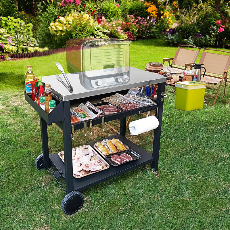 3-Shelves Outdoor Patio Kitchen Cooking Camping Grill Carts With Wheels Hooks Condiment Box Towel Holder Stainless Steel Tabletop